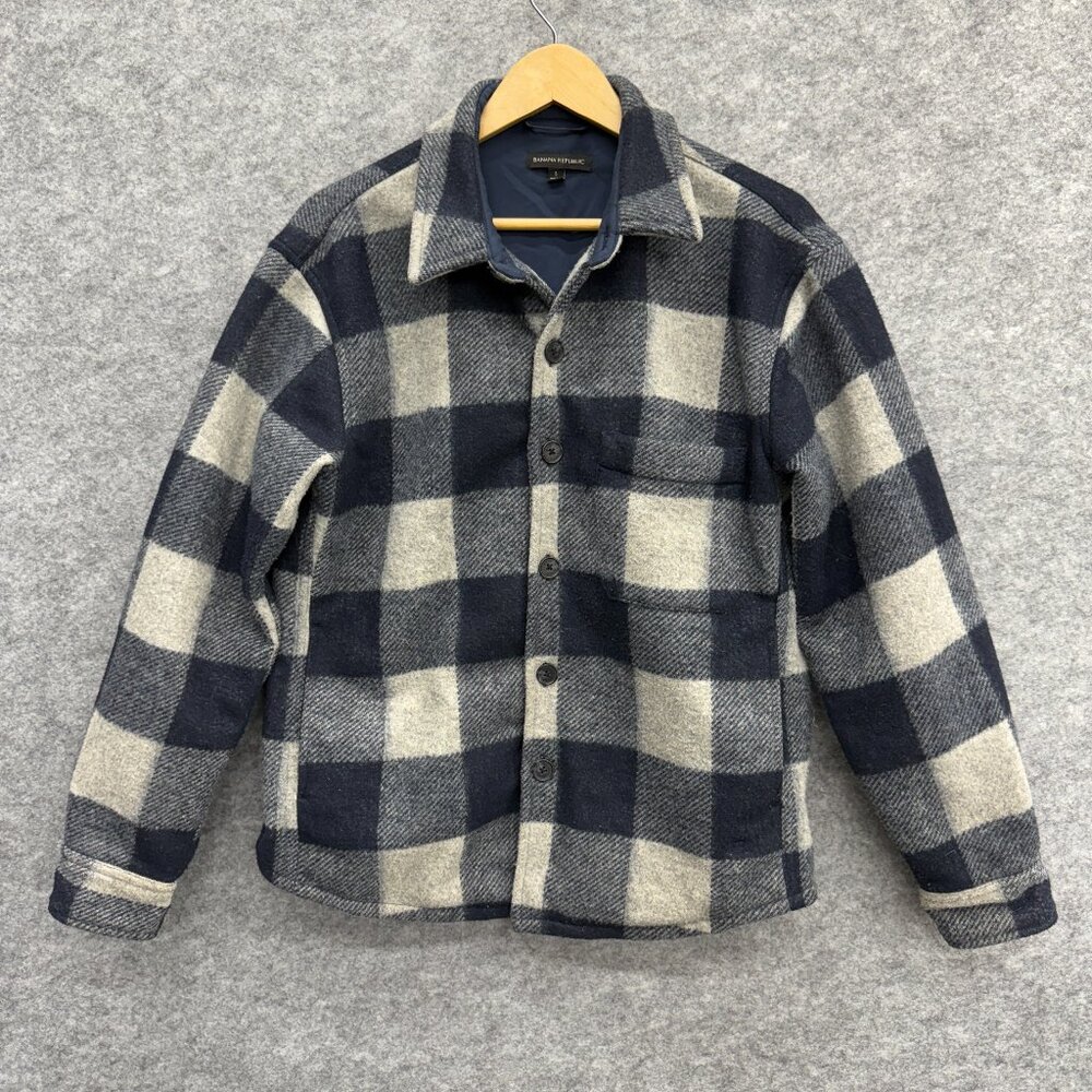 Banana Republic Men's Textured Shirt Jacket, Fleece Pockets, Blue Plaid, S, NEW